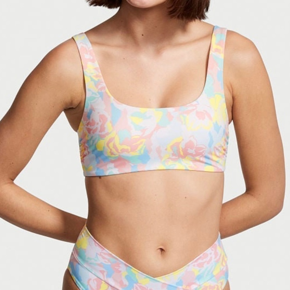 VS Scoop Swim top Floral pastel blue & pink & yellow large